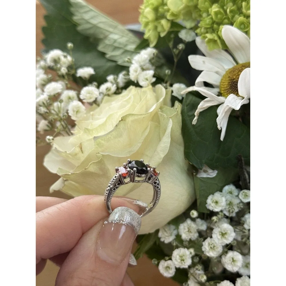 2.73 Cttw Onyx and Garnet 3 Stone‎ Ring For Women | 925 Sterling Silver |